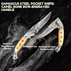Damascus Pocket Knife: Camel Bone Engraved Handle
