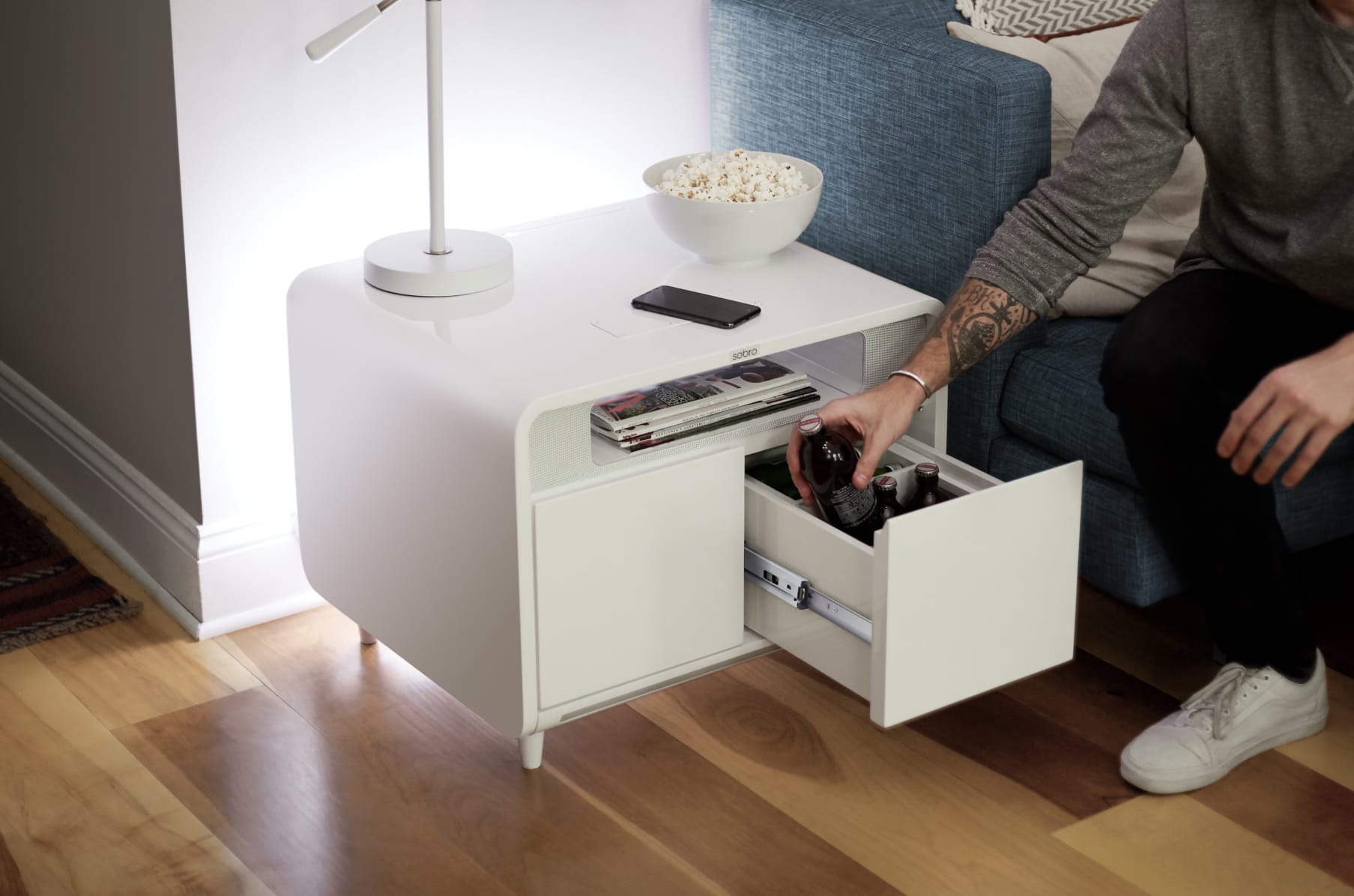  sobro Smart Side/Nightstand Table - with Cooling Drawer,  Wireless Charging, Bluetooth Speakers, USB-C and 120V outlets, LED Light,  White/White : Electronics