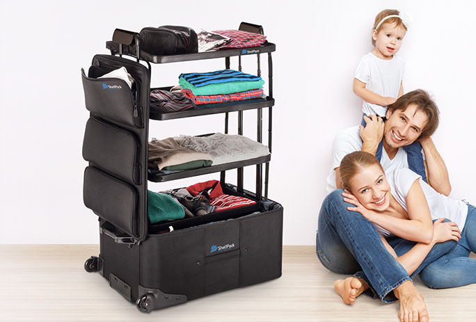 suitcase with collapsible shelves