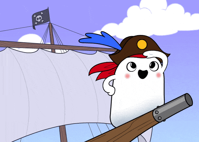 Image contains a GIF of Snorble® dressed like a pirate standing on the bow of a ship.