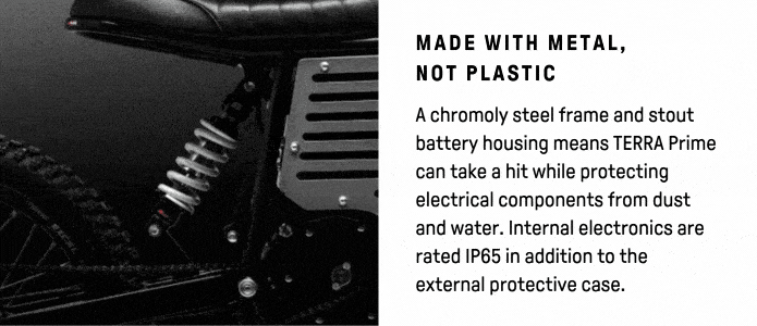 Close-up of a motorbike with text: "Made with metal, not plastic." Describes chromoly steel frame, stout battery housing, IP65-rated internal electronics, and external protective case.