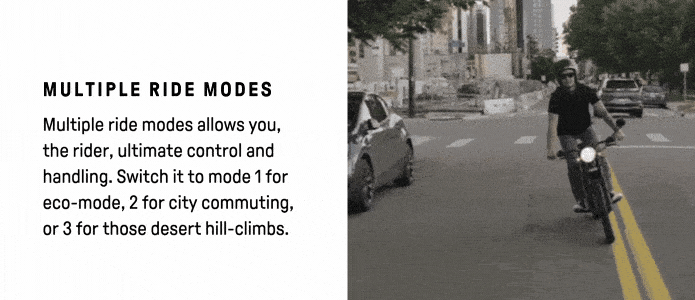 A person rides a Terra Bikes electric motorcycle on a city street, approaching the camera. Text on the left reads, Multiple Ride Modes: Enjoy ultimate control and handling. Switch to mode 1 for eco-mode, 2 for city commuting, or 3 for desert hill-climbs.