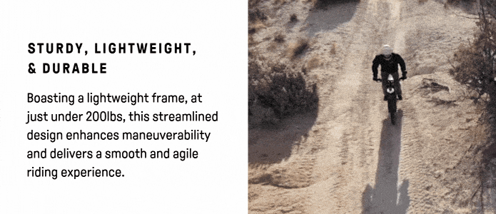 A person rides a Terra Bike electric motorcycle on a dirt path surrounded by dry bushes. To the left, text reads: “Sturdy, lightweight & durable. With a frame under 200lbs, this streamlined design from Terra Bike enhances maneuverability for a smooth and agile riding experience.”