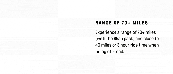 The text on a white background states: RANGE OF UP TO 70 MILES. Enjoy the Terra Bikes Terra Prime electric motorcycle with a range of 70 miles (65ah pack) and nearly 40 miles or 3-hour ride time for off-road adventures.