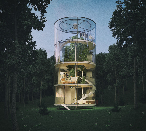 Glass house around a Tree