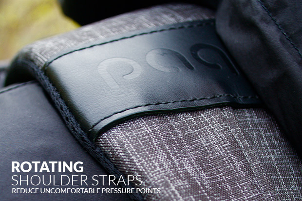 Paq bags shoulder straps use patented rotating buckles to reduce uncomfortable pressure points