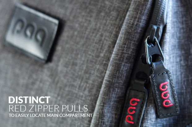 The Paq bag has distinct red zipper pulls