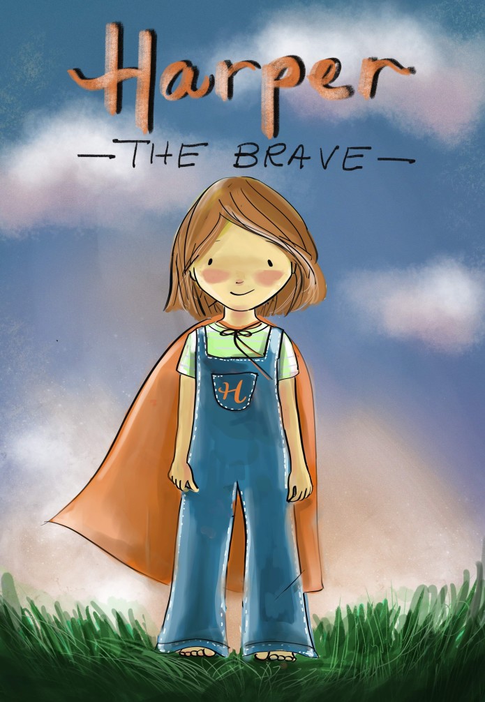 Harper the Brave. A young girl with sun kissed cheeks, in overalls and a flowing cape.