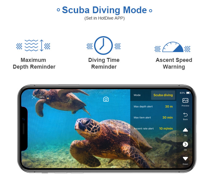 Hotdive pro scuba phone have dive computer reminder function including maximum depth reminder, diving time reminder and ascent speed warning