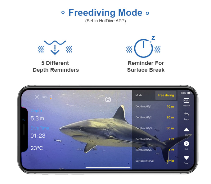 Hotdive H2 Pro smart housing have freediving mode allowing you to set 5 depth reminders and 1 surface break reminder