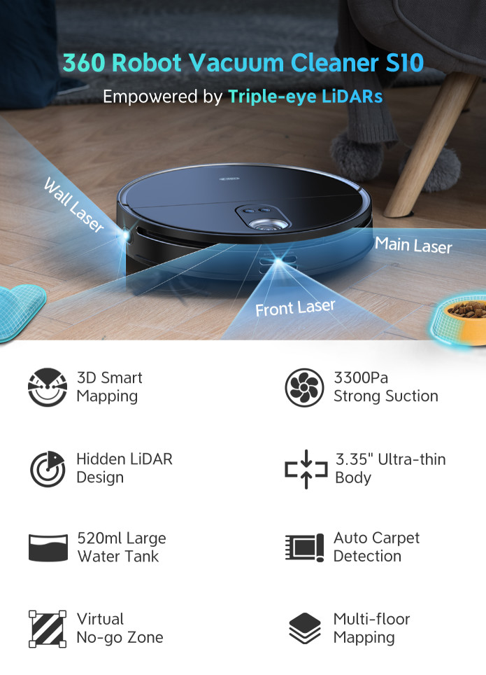 360 S10 Ultra Flat Robot Vacuum Cleaner with Wiping Function and dToF Laser  Navigation, 3300Pa Suction Mop Robot Car Carpet Detection, 500 ml Dust  Container, 520 ml Water Tank, App Voice Control