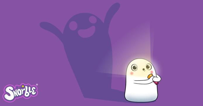 Image contains an illustration of Snorble® holding a flashlight and pojected a ghost behind them.