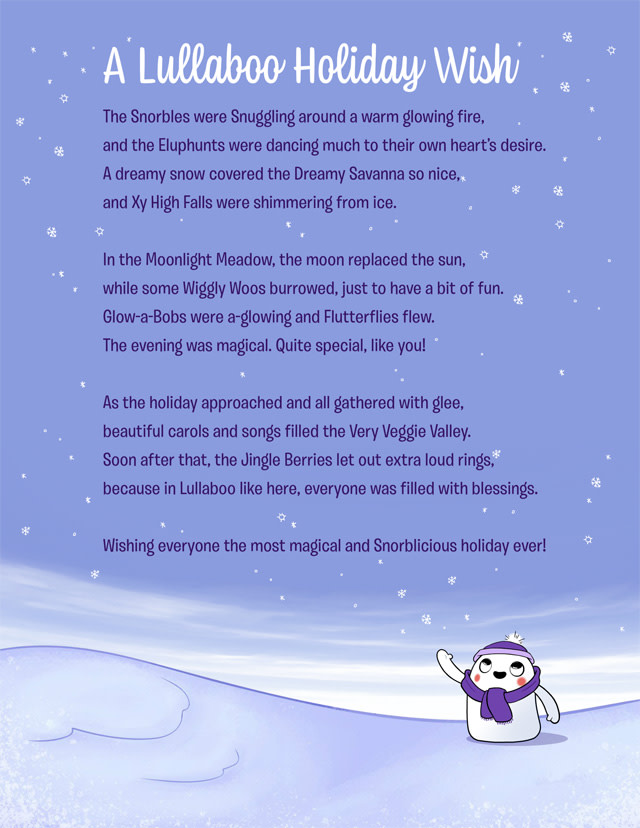 Image contains an illustration of Snorble in a winter wonderlad with A Lullaboo Holiday Wish written in dark text.