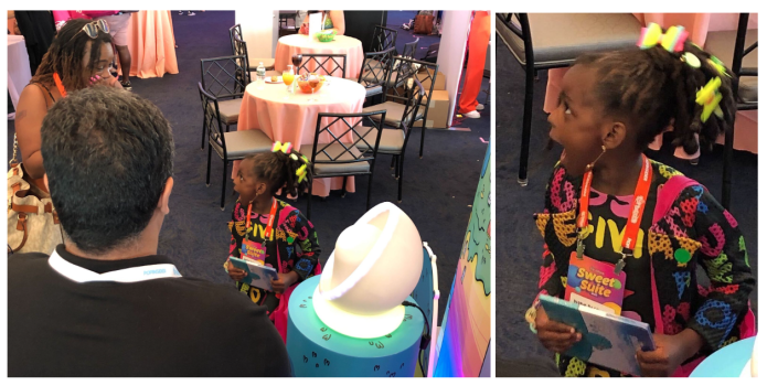 Image contains two photos. On the left, a little girl is looking at her mom with an excited face. On the right, the little girl is in focus and her excited face is obvious.