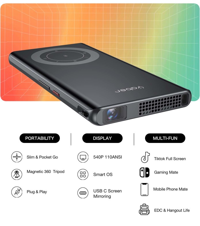 YABER Pico T1 Mini Pocket Projector with WiFi and Bluetooth, with Power  Bank 0.52 Ultra-Thin, 1080P Support Built-in Speaker, Compatible w