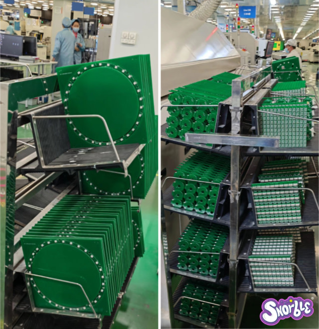 Image contains a photo from a factory where parts of Snorble® are shelved and ready for assembly.