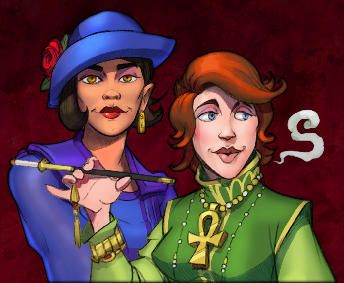 Anjana and Estelle, illustrated by Jarrod Pope. Anjana wears a blue dress and cloche hat, while Estelle smokes, wearing green robes.