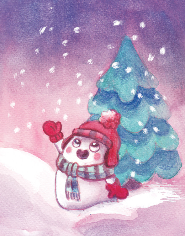 Image contains a watercolor illustration of Snorble® wearing a red hat and gloves playing in the snow. In the background, an evergreen tree is set against shades of purple in the sky.