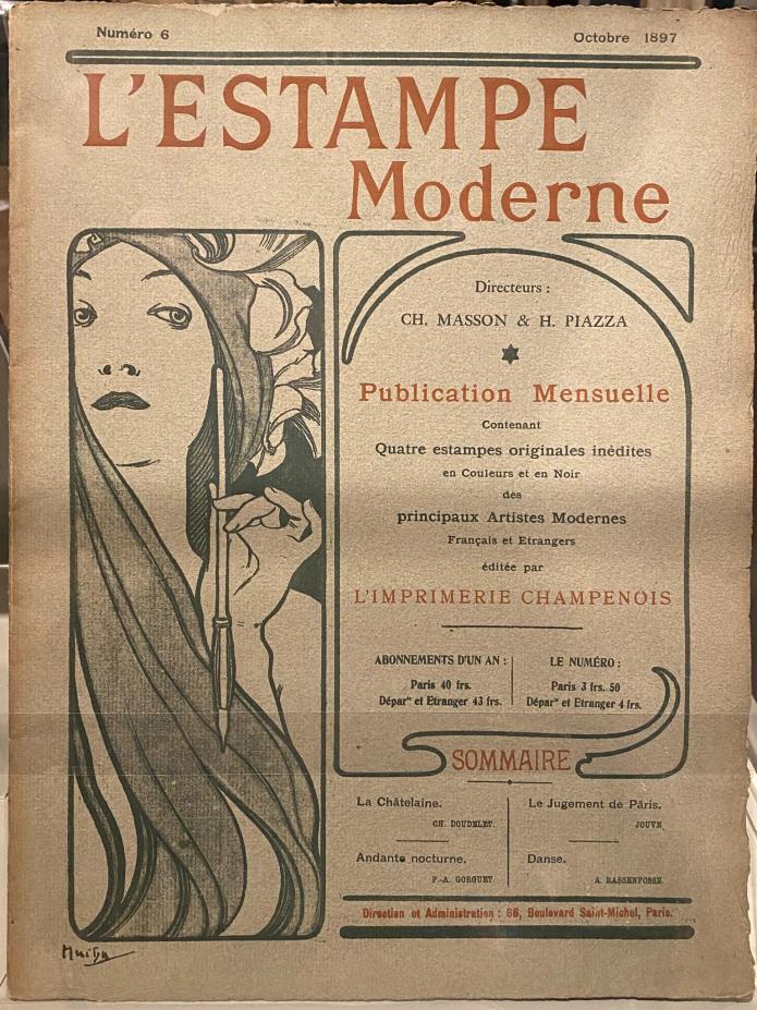 Mucha's cover for the first L'Estampe Moderne folio, featuring an illustration of a woman holding a pen and a number of swooping art Art Nouveau design flourishes and fonts.