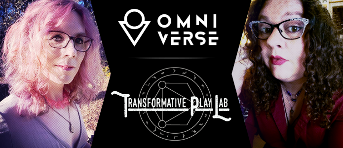 A rectangular image featuring a photo of Cat Blackard on the left and Dr. Tess Tanenbaum on the right. Between them is an hourglass shape of black with the Omniverse Logo above the Transformative Play Lab logo.