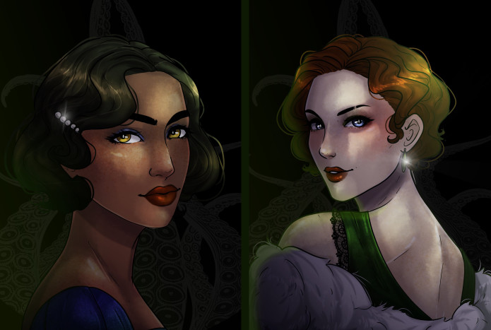 Image description: Illustrated portraits by PoppySeedPuffin of Anjana Ramakrishnan and Estelle Thorpe from The Call of Cthulhu Mystery Program, divided by a dark green line. Anjana is on the left, Estelle on the right - they both look over their shoulders at you, a gleam in their eye, tentacles swirl in the darkness behind them. Anjana's hair is in a short bob with a hair clip of five orbs of increasingly smaller size. She wears blue eye shadow, red lipstick, and a blue dress. Estelle's short red hair is styled in waves - red lipstick, and sleek eyebrows - one of  the bisected with a scar. She wears silver earrings that glimmer in the light, a green dress with lace trim, and a fur stole.