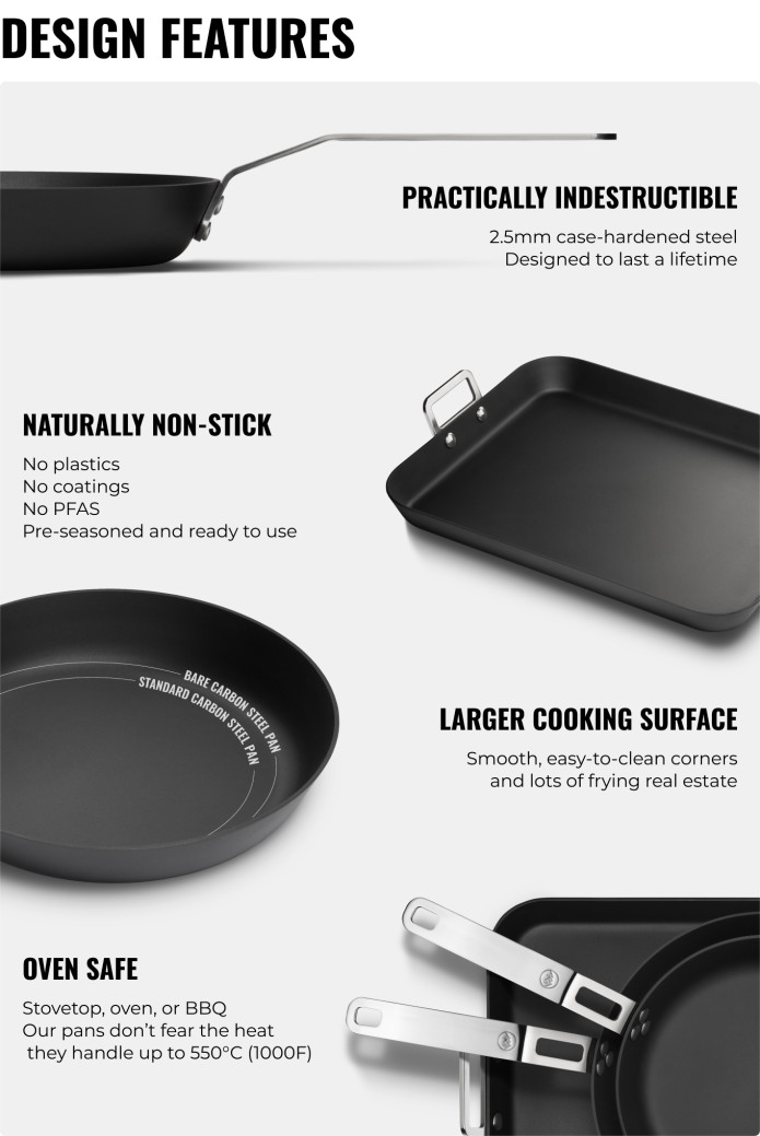 BARE Cookware 4.0: Pre-seasoned Carbon Steel Frying Pans by BARE Cookware —  Kickstarter