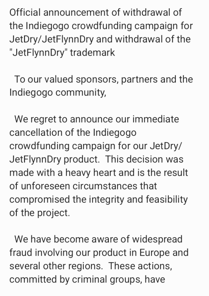 cancellation of the campaign JetFlynnDry