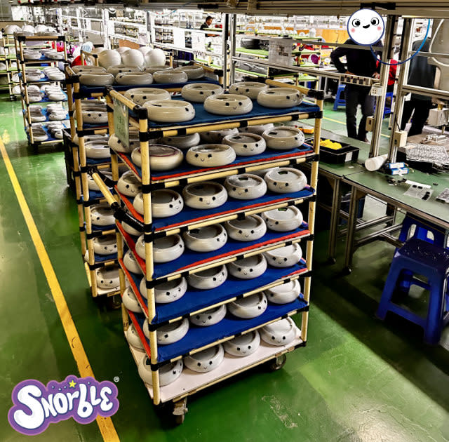 Image contains a shot from the factory of the bottom of the LullaPods on shelves.