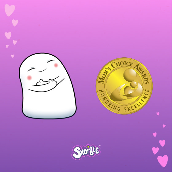 Image contains an illustration of Snorble® hugging themselves to the left of a logo for the Mom's Choice Awards.