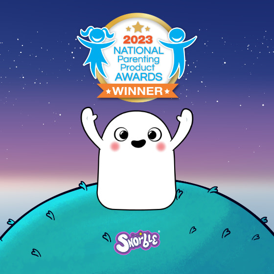 Image contains an illustration of Snorble® with their arms up holding a logo for the National Parenting Product Awards.